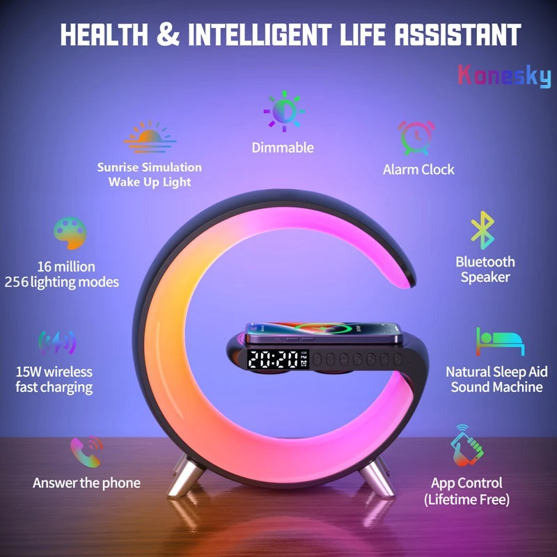 التطبيق الذكي LED RGB ليلة ضوء جو مكتب مصباح المنبه الرقمية المتكلم شاحن لاسلكي آيفون سامسونج غرفة ديكور