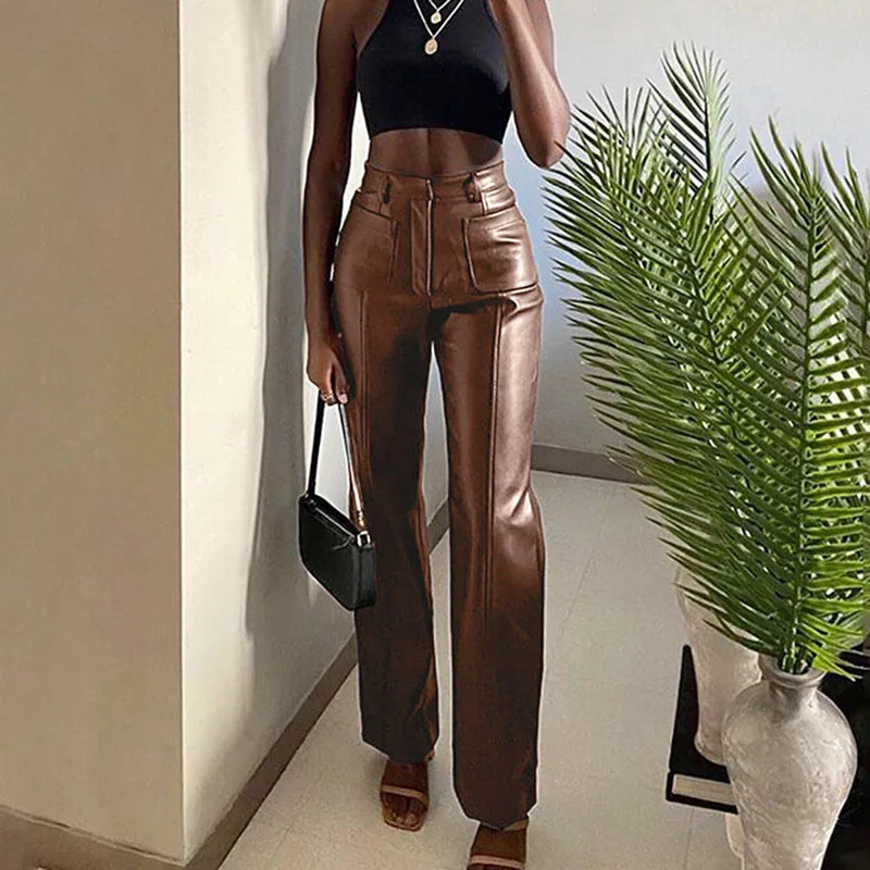 

Women's Trousers Spring Autumn New Fashion Slimming PU Casual Straight Leg Pants Women's Long Leather Ground Women's Pants