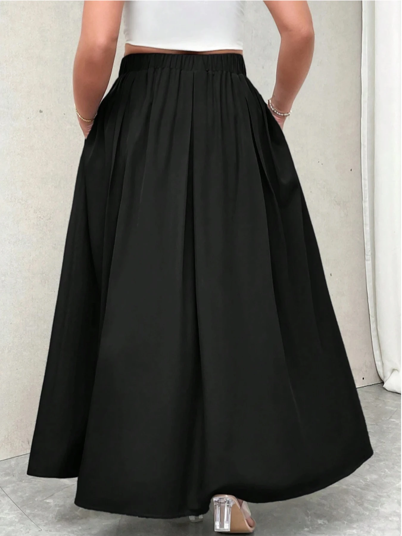 Maxirock in Übergröße für Damen, einfarbig schwarz, hohe Taille, plissiert, elastischer Bund, lässiger, lockerer langer Rock für Damen. – Detail 6