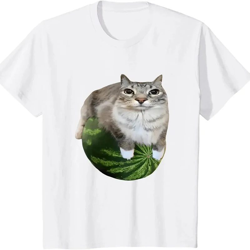 Y2K Watermelon Cat Print T-Shirt Silly Cat Meme Round Neck Short Sleeve Women's Versatile Daily Loose Fit Trendy T-Shirt