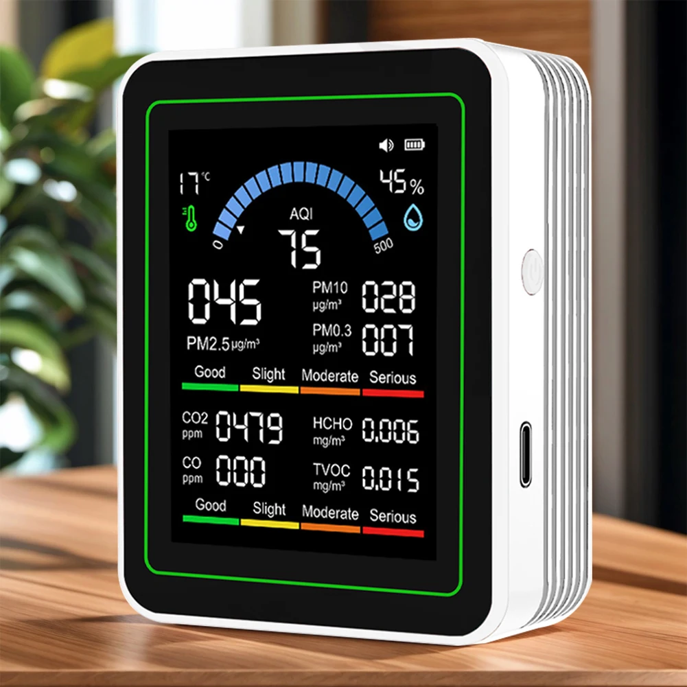 10-in-1 Air Quality Monitor Real-Time HCHO Detector with Display Temperature Humidity Detector for Home Cars Plants