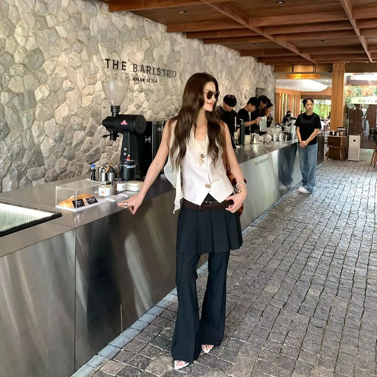 【MAR】Women Fake Two-Piece Pleated Hem Casual Pants Black Slim Fit Versatile Slit Long Trousers