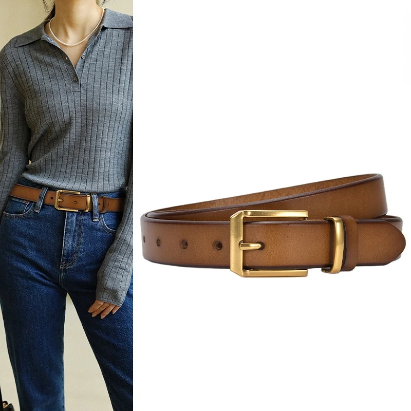 

Women's Belt with Jeans Fashion Versatile Leather Belt Korean Version Simple Retro Black Brown Luxury Top Layer Leather Belt