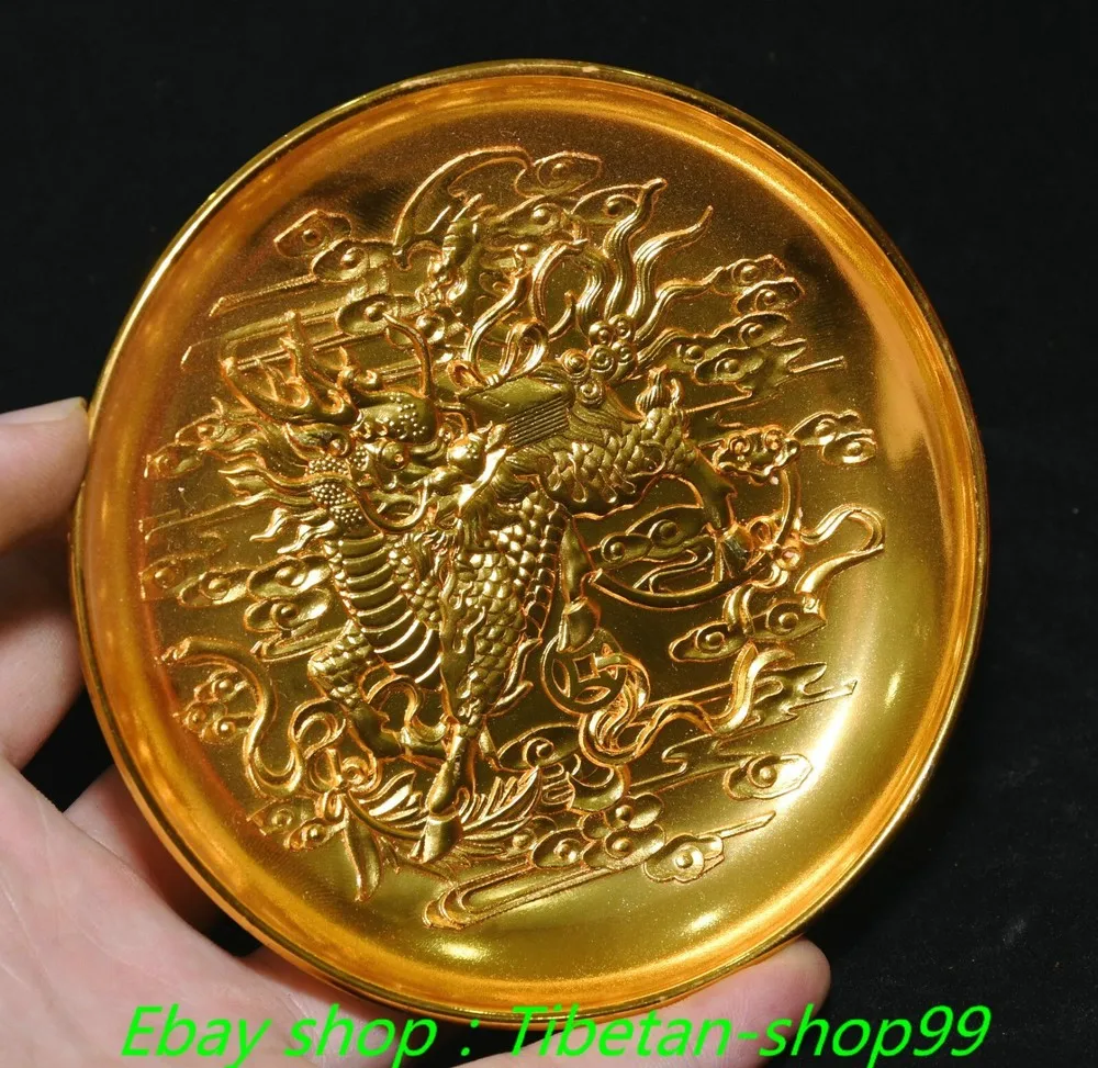 4.1"Old CHinese Dynasty Bronze Gilt Kylin Dragon unicorn Beast Tray Dish Plate view 2