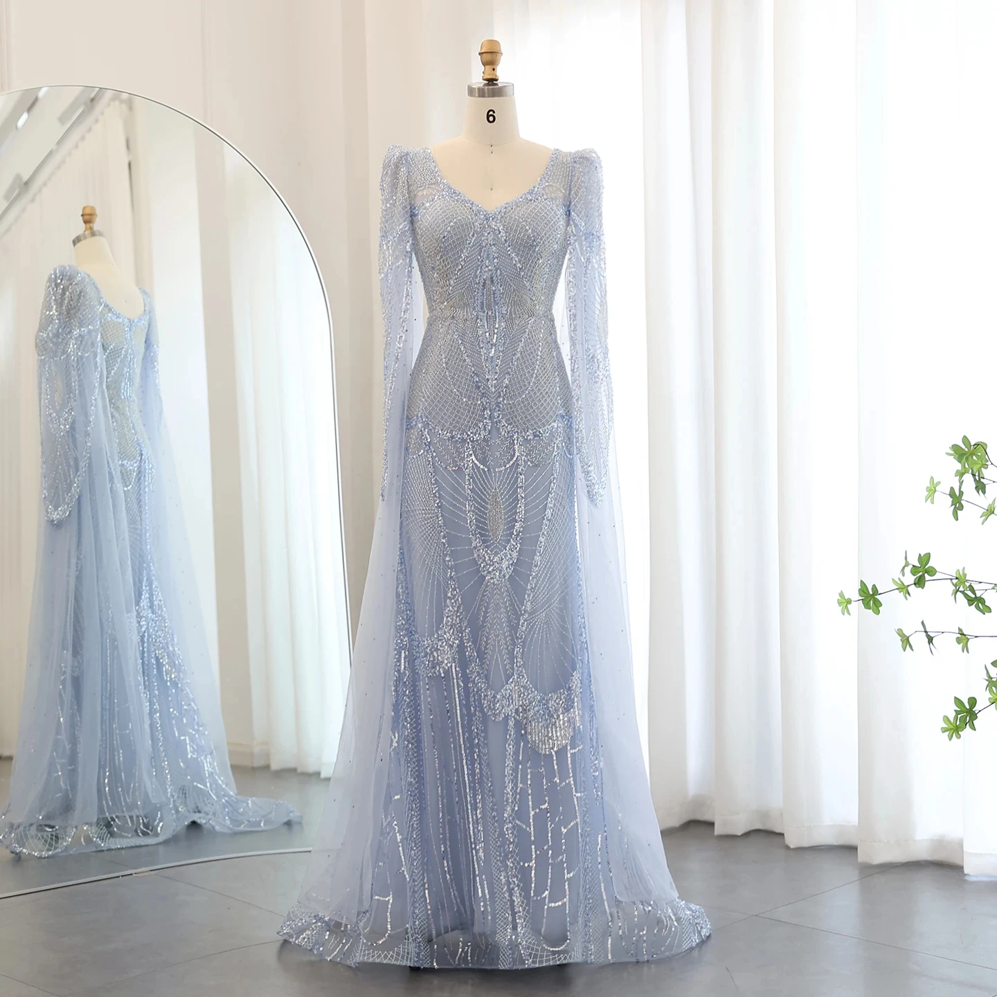 Jancember Mermaid Light Blue Evening Dresses with Cape Sleeves Elegant Plus Size Women Wedding Guest Party Gowns SZ157