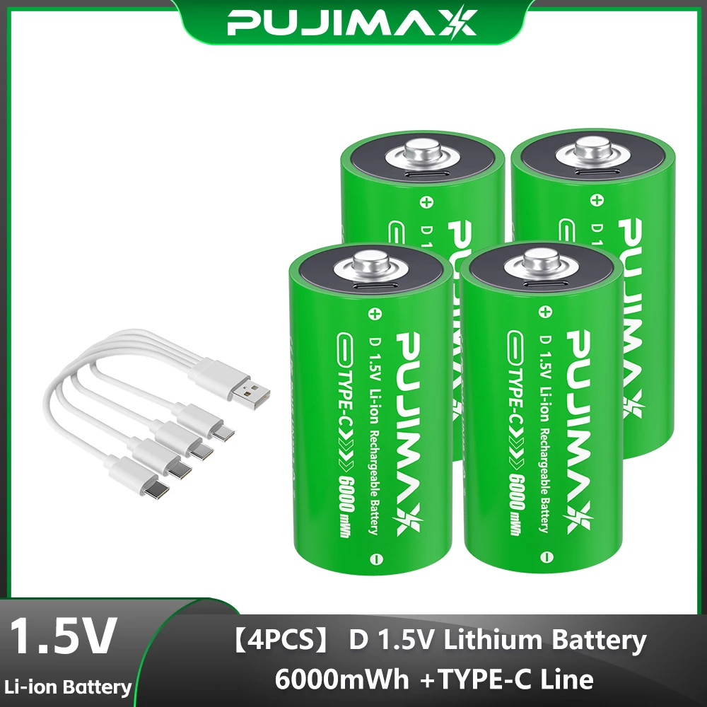 

PUJIMAX USB 6000mWh Rechargeable D Size Batteries LR20 Li-ion 1.5V with Type-C Cable for Gas Appliances Liquefied Gas Cooker