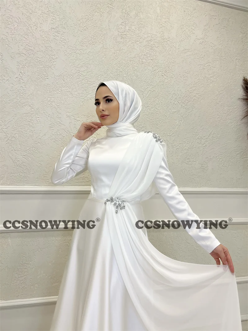 Satin Applikationen Perlen Langarm Muslimischen Abendkleider Islamischen Formale Party Kleid Frauen Hijab Arabisch Dubai Roben De Soirée