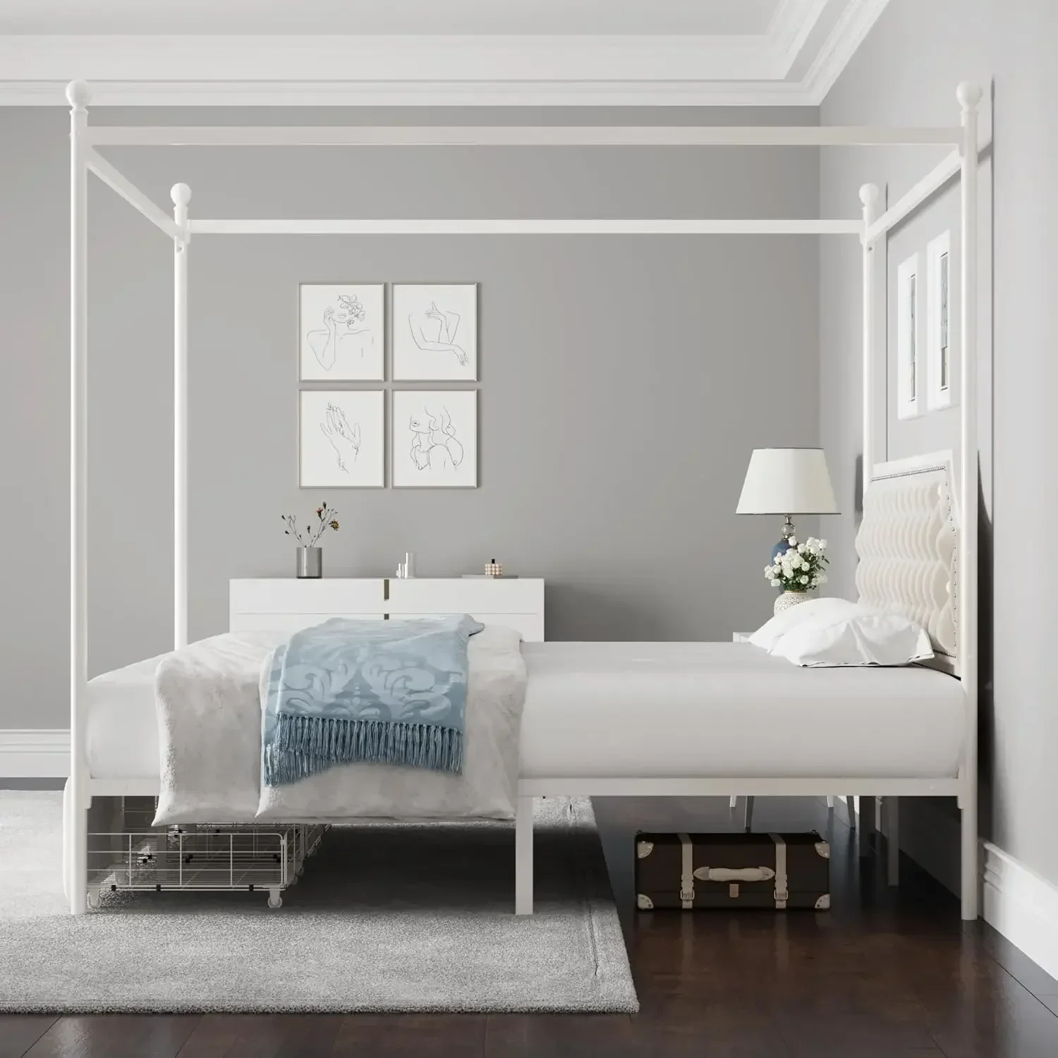 [XMSJ]King Upholstered Canopy Bed Frame with 3 Drawers and Button Tufted Headboard, Metal Platform Bed with 4 Removable Posts - Image 4