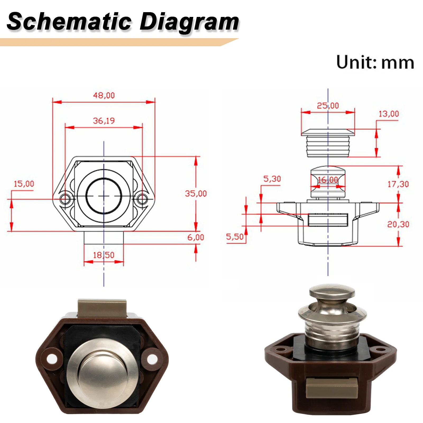 2Pcs Brown Push Button Drawer Cupboard Door Latch Knob Cabinet Locks Safety Lock Protection Catch Lock Caravan RV Motorhome Car