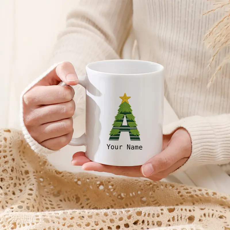 Monogram Letter A-Z Mug Personalized Custom Name Christmas Tree Shaped Letter with Golden Star Ceramic Coffee Cup Holiday Gift