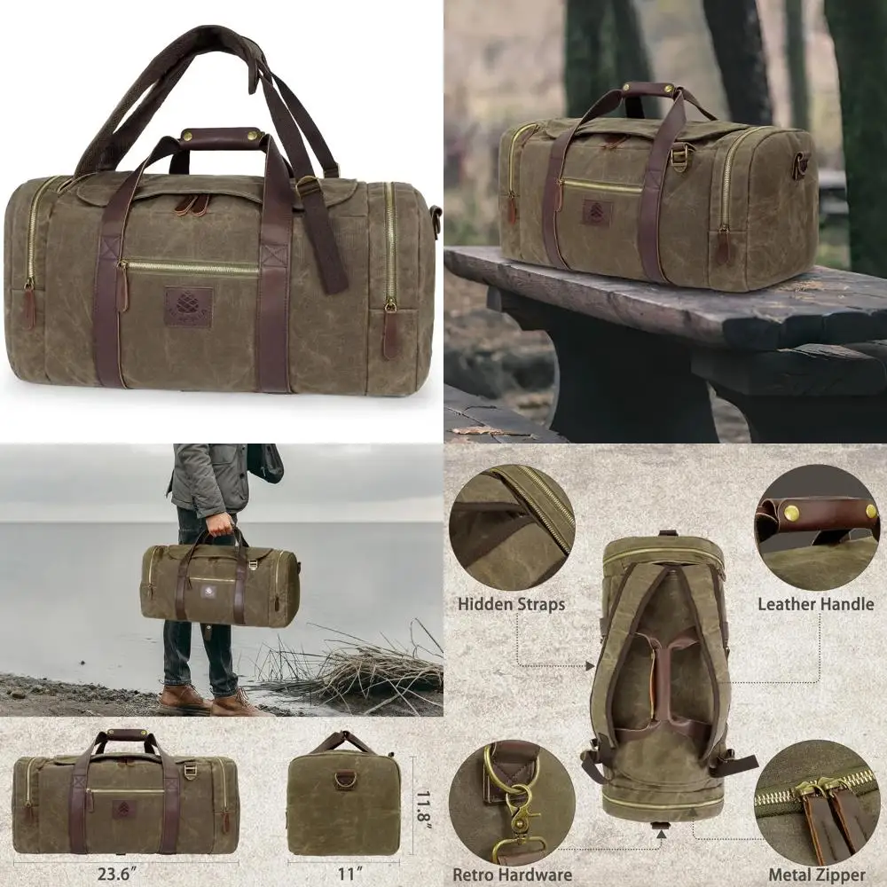 

Vintage 50L Waxed Canvas Travel Duffle Bag with Shoe Compartment for Men - Large Overnight Bag in Grey