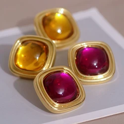 Vintage Gold Color Geometric Square Stud Earrings for Women Trendy Korean Retro Colorful Crystal Earrings Jewelry Accessories