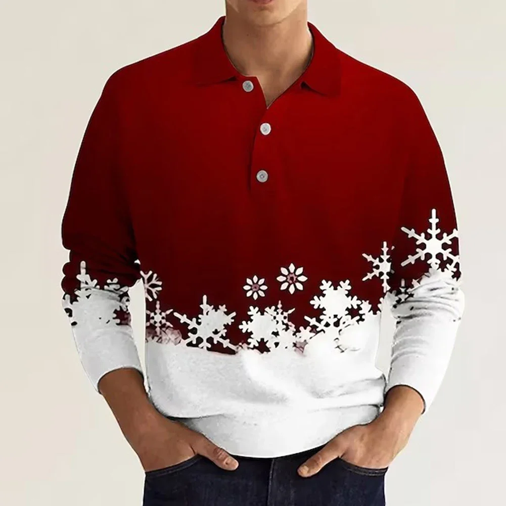 Camisa de manga larga para hombre con botones, solapa ajustada de Navidad para invierno, retazos de gran tamaño, deportes impresos en 3D de talla grande