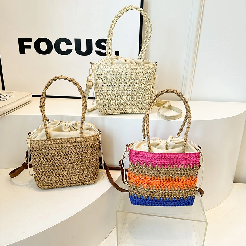 Bohemia Women Handbags Retro Drawstring Straw Woven Bag Satchel Summer Hollow Out Beach Bag Ladies Straw Shoulder Crossbody Bags