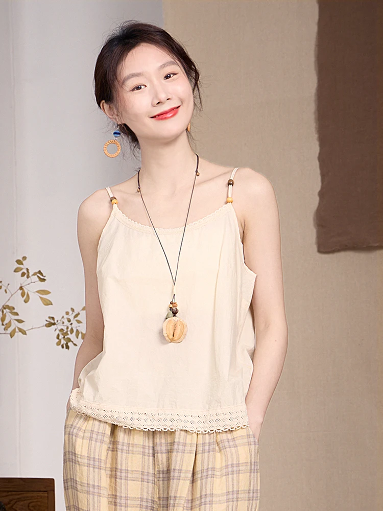 

Женский летний топ Gujia 20s из ультратонкого хлопка с кружевными бретелями, свободного кроя, 100% хлопок, для многослойных образов