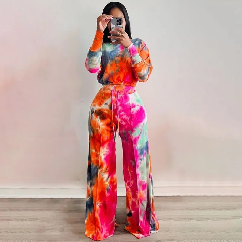 

Уличная одежда Tie Dye Print Комплект из двух предметов для женщин Y2K Одежда Топ с длинными рукавами и широкие брюки на шнурке Одинаковые комплекты одежды