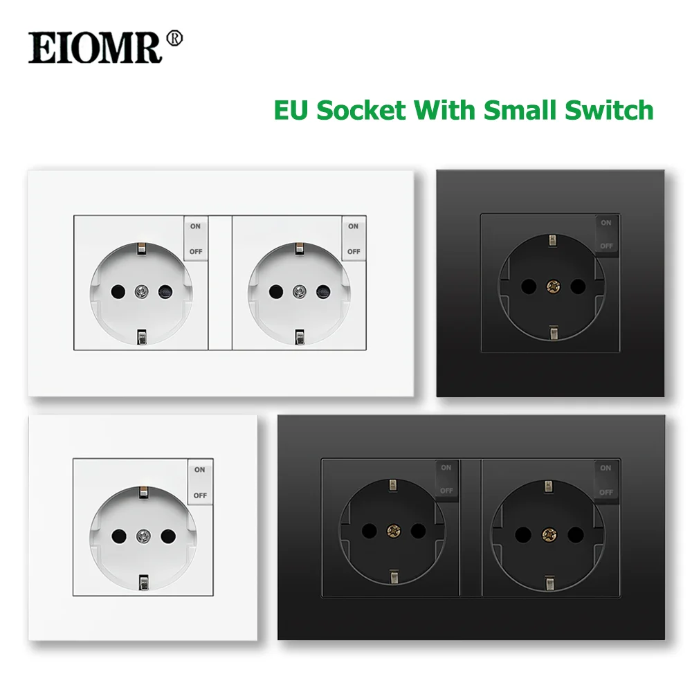 EIOMR EU German Standard Wall Power Socket, with Switch Button Socket, Flame Retardant PC Panel 16A 110V-250V~ Double Outlet