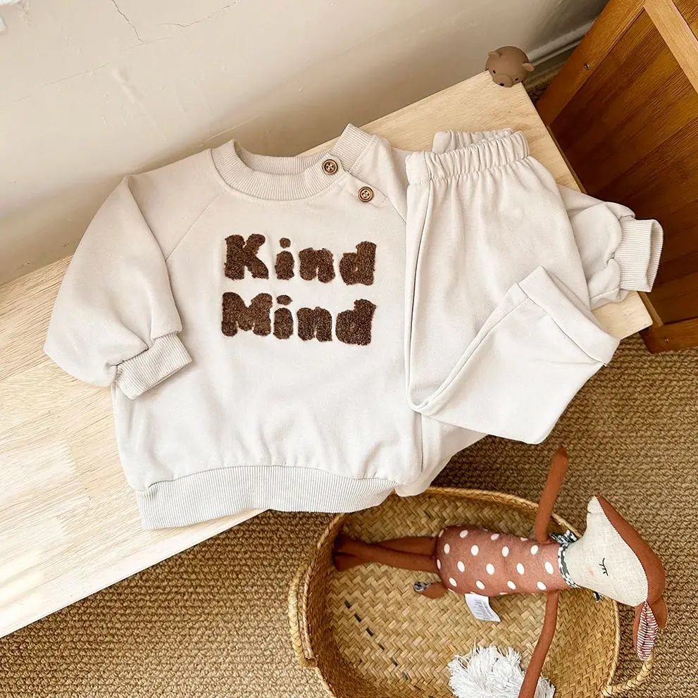 2024 New Baby Clothes Set Boys Letter Embroidery Girls Kids Neck Button Outfit Hoodies Long Sleeved Top+Pants Spring Autumn 2PCS