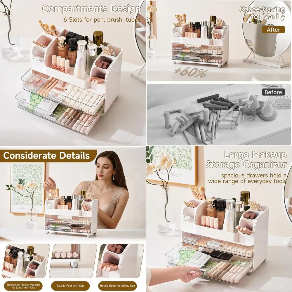 

Vanity Makeup Organizer with 2 Drawers, Cosmetic Display Shelf, Brush Holder, Storage for Bathroom, Desk, Skincare & Office Supp