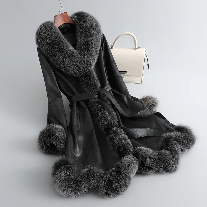 Vendita calda Lady Luxury Fox Fur Collar giacca lunga donna ragazza vera pelliccia di coniglio e pelle Warm Full Pelt Coat soprabito Parka JT3303