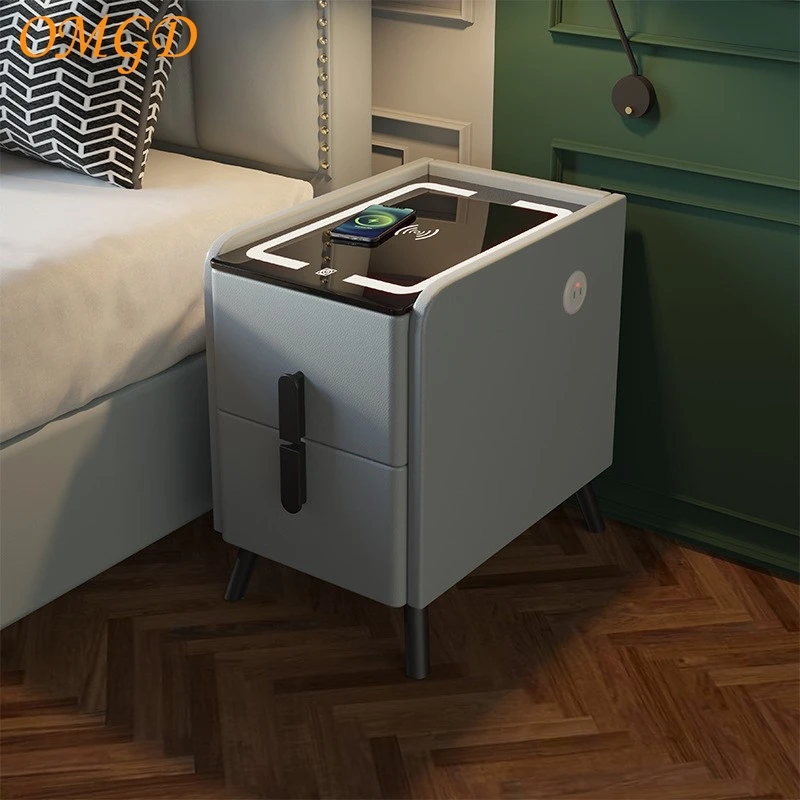 OMGD Upholstered Smart Nightstand Modern Minimalist Narrow Bedside Cabinet With Lights Wireless Charging Tri-Colour Lights