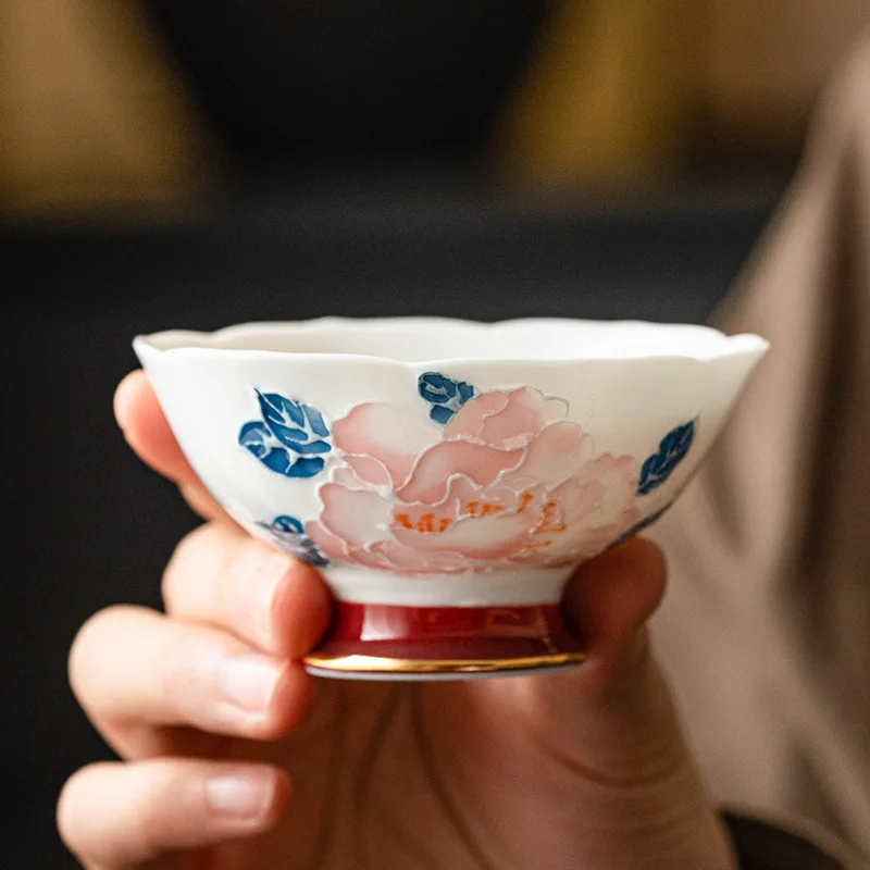 

42ml Hand Drawn Peony Master Cup Vintage High Footed Large Teacup High End Gold Plated Tea Cup Flower Mouth Kung Fu Tea Set Gift