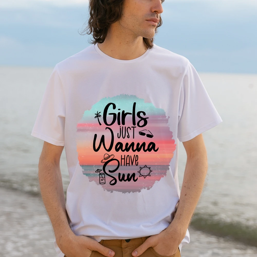 

Y2k Graphic T-Shirt, Girls Just Wanna Have Sun with Beach Scene Print, Fun & Summery, Soft Fabric for Vacation Vibe Casual Looks