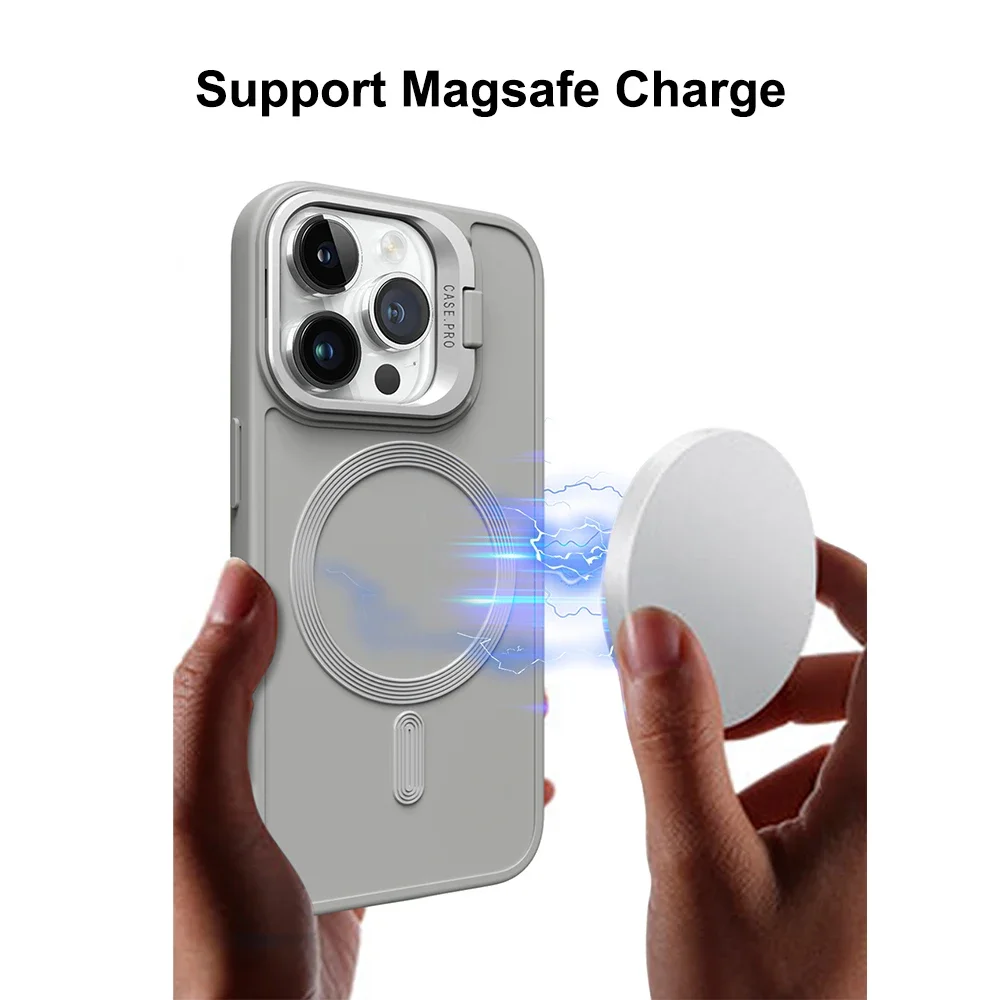 for iPhone 16 15 14 13 12 11 Pro Max Plus Case Magnet Magsafe Camera Holder Stand Soft Matte Wireless Charge Cover Shell Fundas