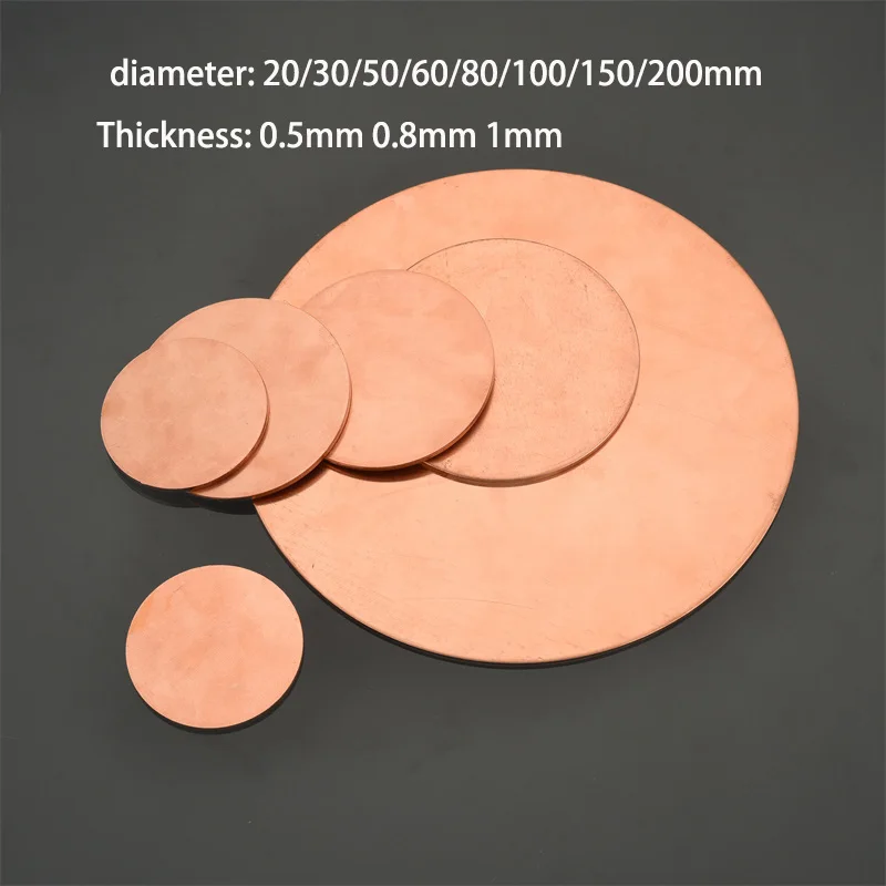 1-2pc Diameter 20mm 30mm 50mm 60mm 80mm100mm 150mm 200mm Copper Disc Round Sheet Plate T2 Solid Pure Coppers