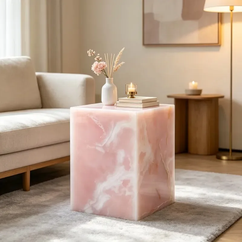 Modern Pink Marble Square Tall Side Table Cube Base Coffee Table Imitation Agate End Table for Living Room Hotel Decor