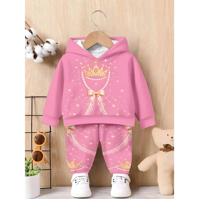 Kids Hoodie Jogger: Pink Crown Pearl Lace Print, Floral Butterfly Pattern, Blossom Hummingbird Graphic Kid Tracksuit