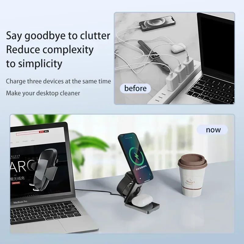 حامل شاحن لاسلكي مغناطيسي ، محطة شحن سريع ، ساعة أبل 8 ، 7 ، ساعة سامسونج 6 ، 5 ، ايفون 15 ، 14 ، Airprods ، 3 في 1 #4