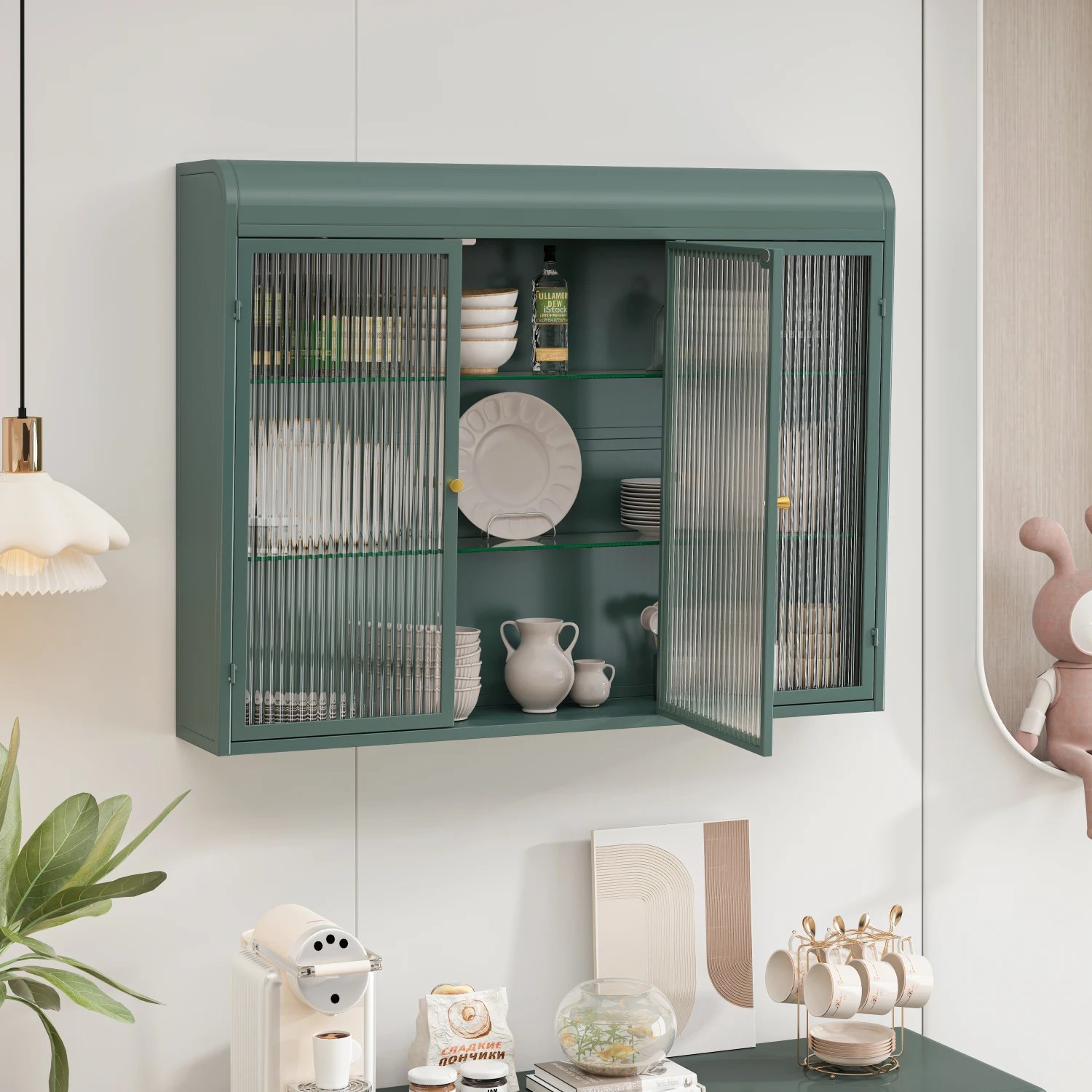 

Arched Glass Cabinets for Kitchen, Living Room, Bathroom (Dark Green)