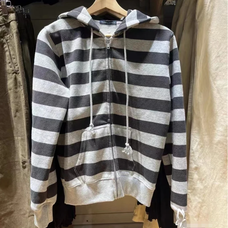 Vintage Stripe Pockets Hoodies Women Autumn New Warm Drawstring Long Sleeve Cardigan Top Casual Streetwear Y2K Sweatshirt Female