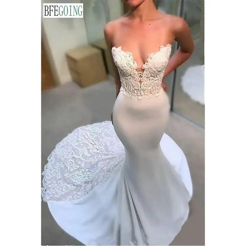 Vestidos de novia de sirena/trompeta, cola de la capilla, hechos a medida, hasta el suelo, crepé, gasa, apliques de encaje, vestidos de novia