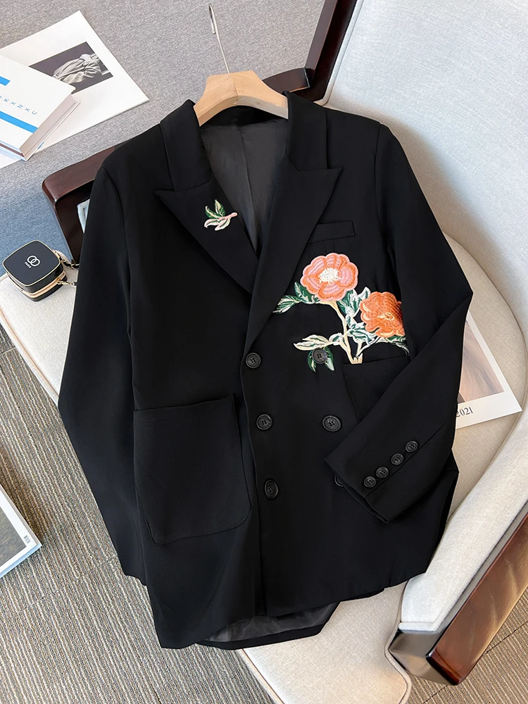 Y2K Black Women Blazers 2023 Fashion Long Sleeve Turn Down Collar Jacket Oversized Double Breasted Office Ladies Flower Coats