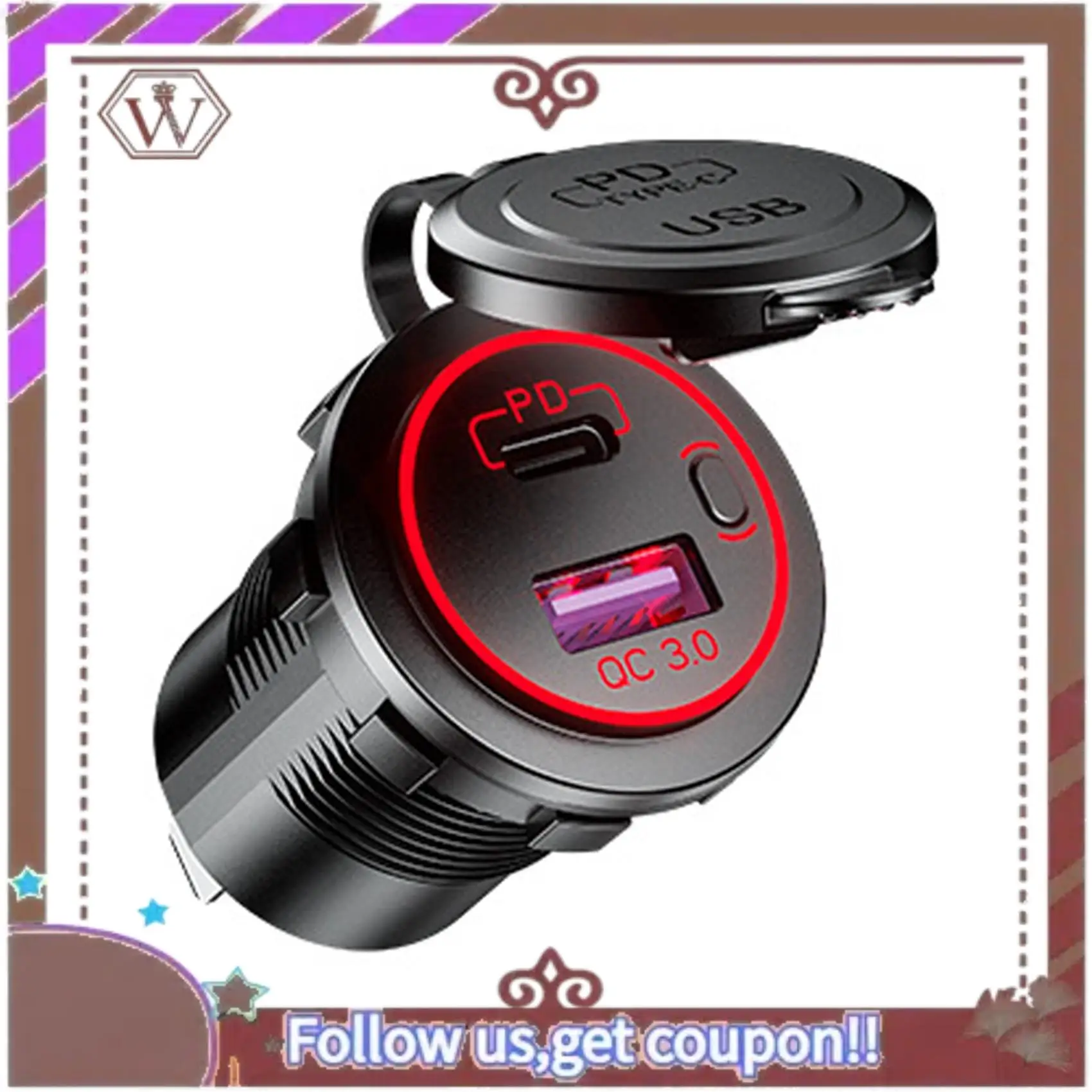 ล่าสุด 4X PD ประเภท C USB Car Charger และ QC 3.0 Quick Charger 12V Power Outlet ซ็อกเก็ตพร้อมสวิตช์เปิด/ปิด,สีแดง