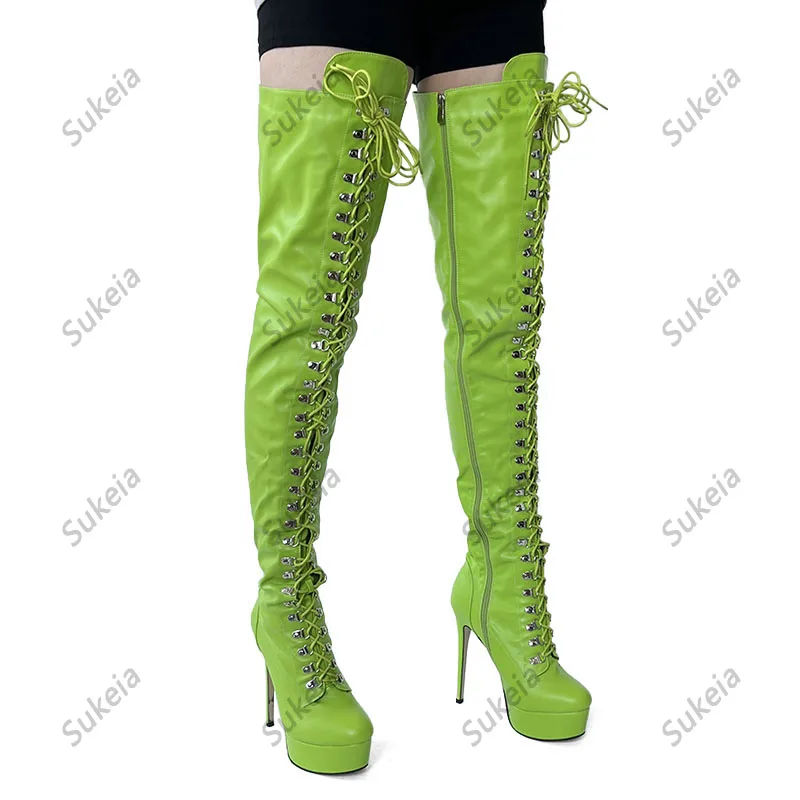 Sukeia Handmade kobiety buty za kolano platforma zasznurować buty na obcasie okrągłe Toe eleganckie czarne buty wybiegu panie usa rozmiar 5-20
