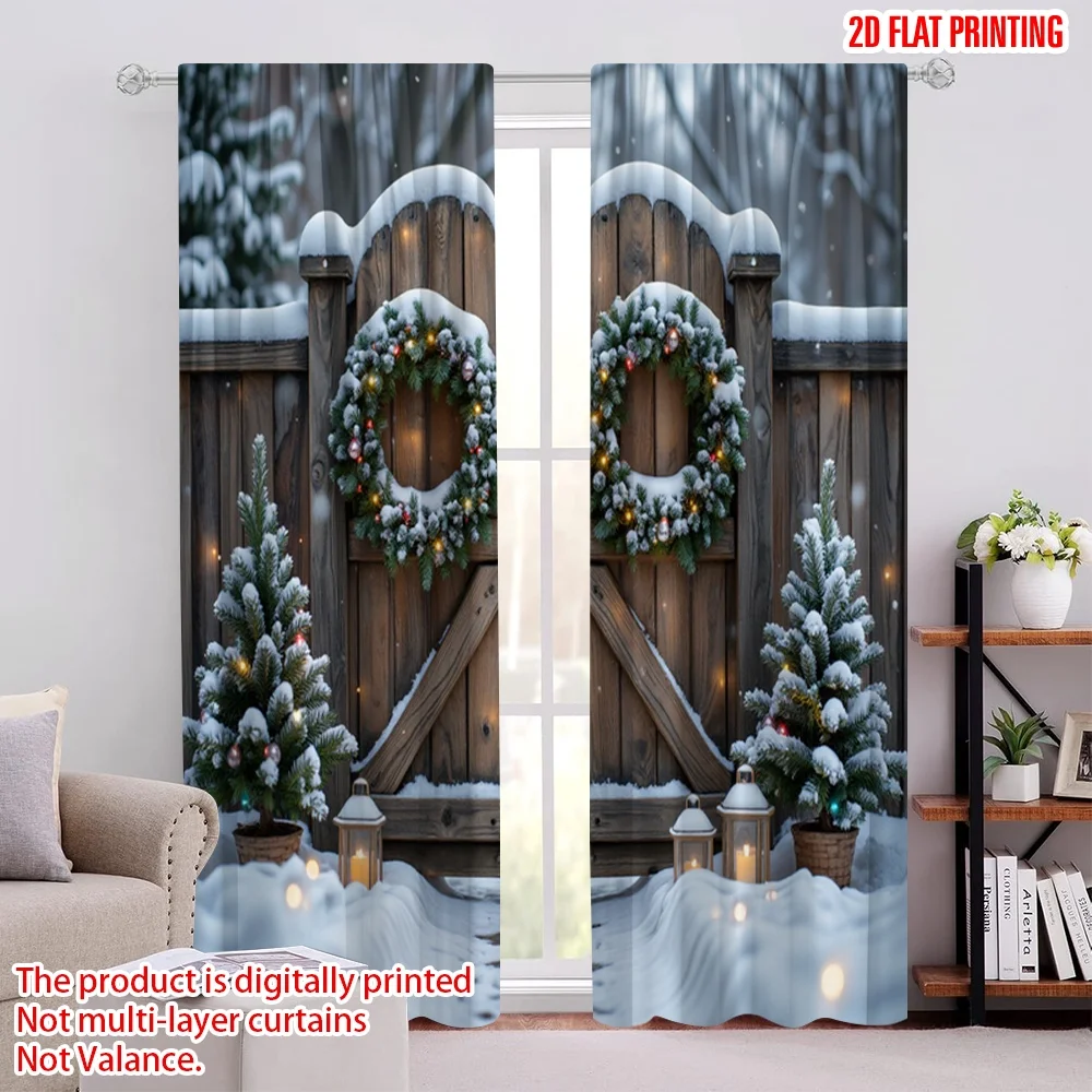 

2pcs 2D flat printing Merry Christmas Popular Party Window Curtains Vintage wooden Christmas doors 100% Polyester Without