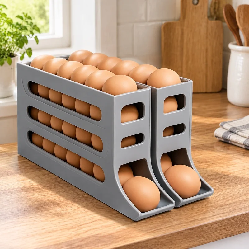 4-Level Rolling Egg Holder for Fridge Storage, Space-Saving Kitchen Organizer with Easy Dispense Function