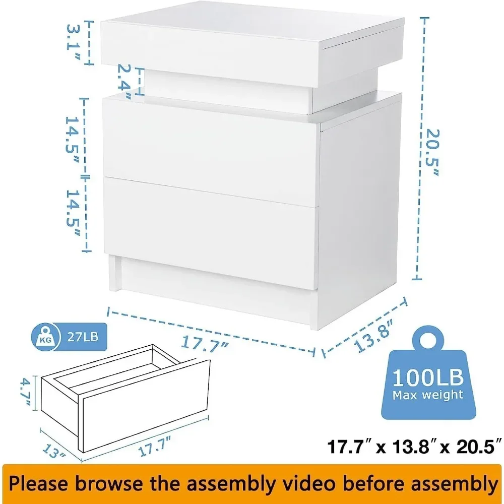 Mini mesa de cabeceira com luz LED Mesa de cabeceira de madeira fosca, 2 gavetas de alto brilho, mobília moderna