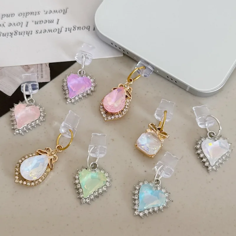 Crystal Rhinestone Teardrop Heart Phone Dust Plug Charm Ornament Bling Diamond Inlaid Mobile Jack Stopper Pendant Decorative