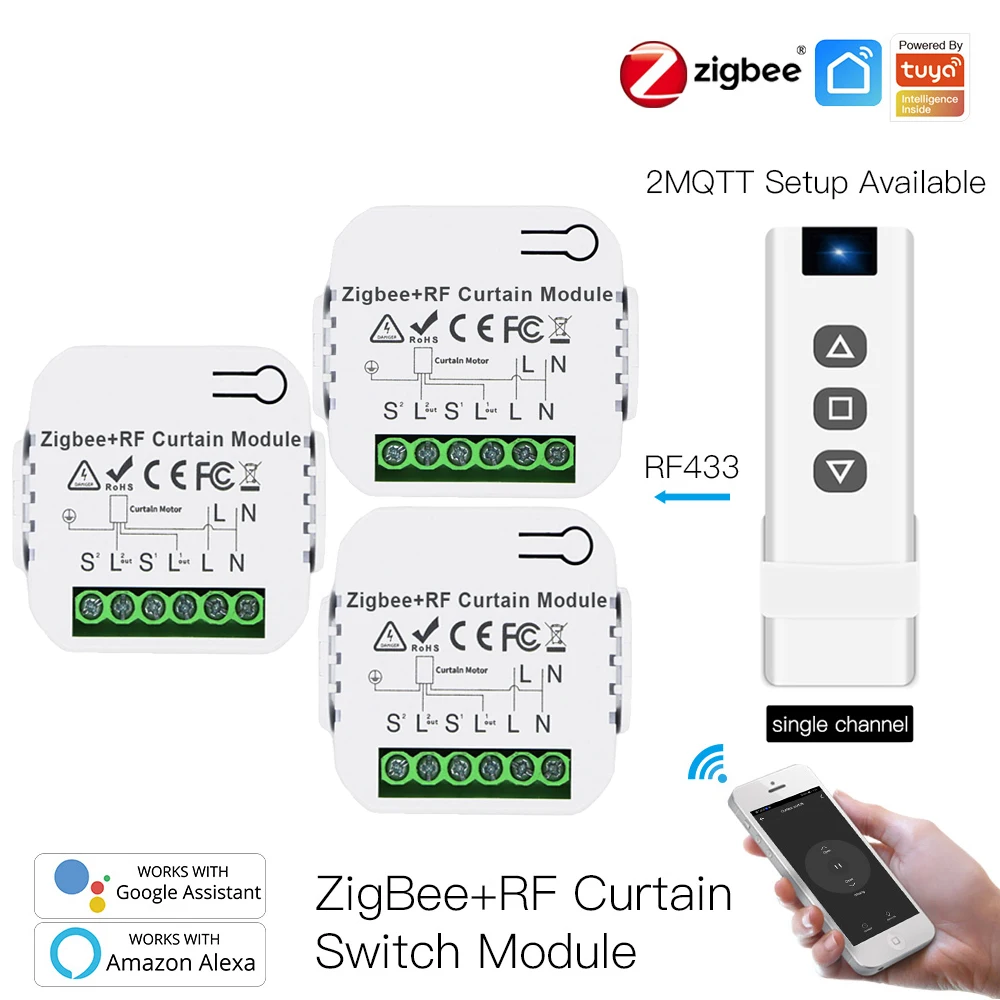 Módulo de interruptor de cortina inteligente tuya zigbee com rf433 para motor de persiana em rolo, controle por aplicativo smart life alexa google home 2mqtt