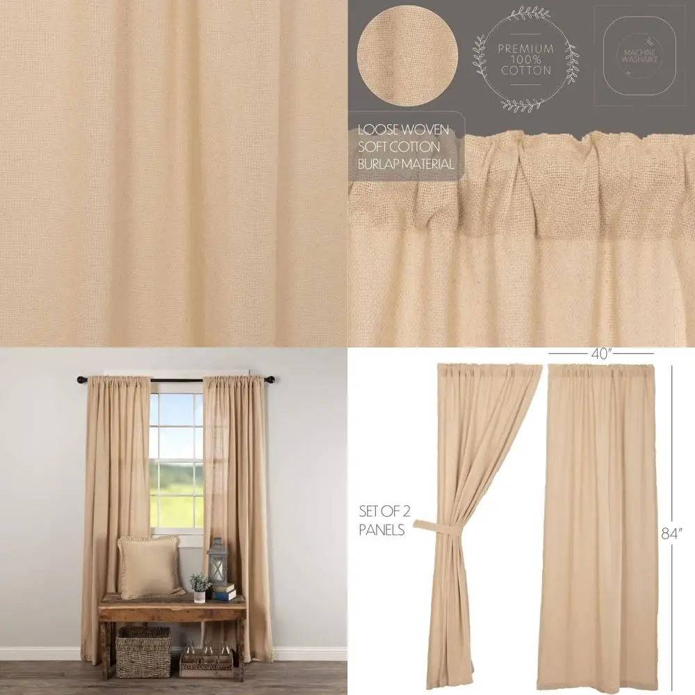 

Vintage Beige Farmhouse-Style Primitive Curtain Panels, Set of 2, 84x40