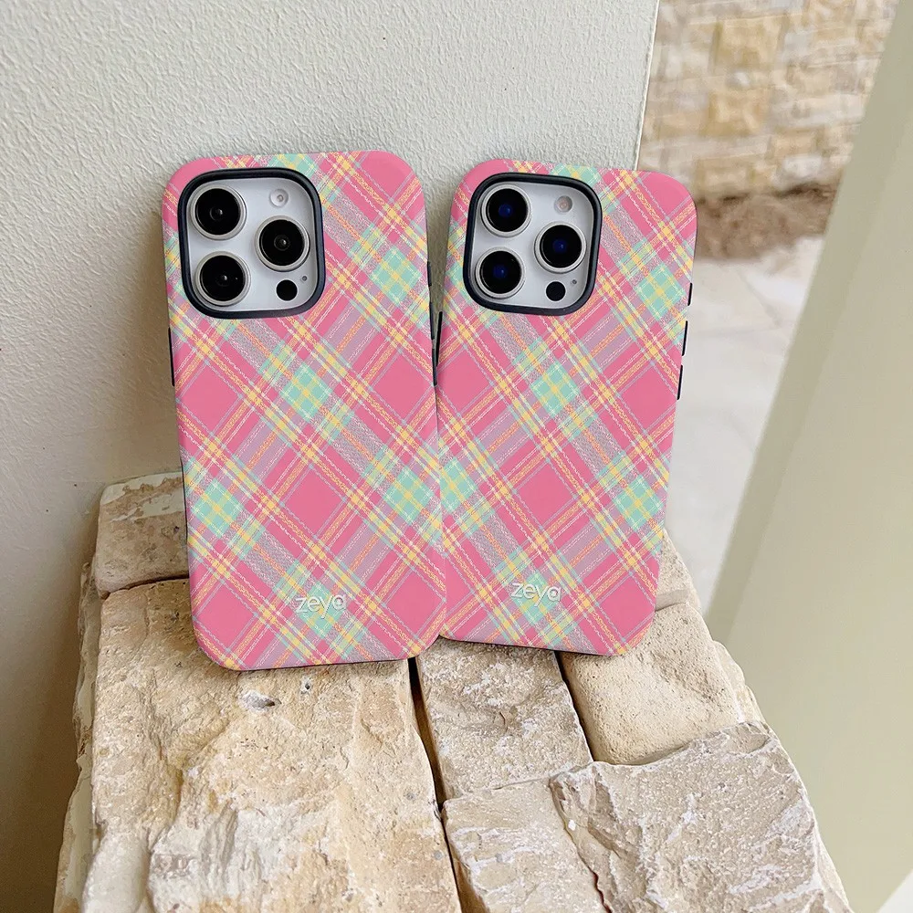 Pink Color Plaid Texture Phone Case for Samsung Galaxy S22 S23 S24 S25 S26 FE Plus Ultra Edge 4G 5G Luxury Double-layer