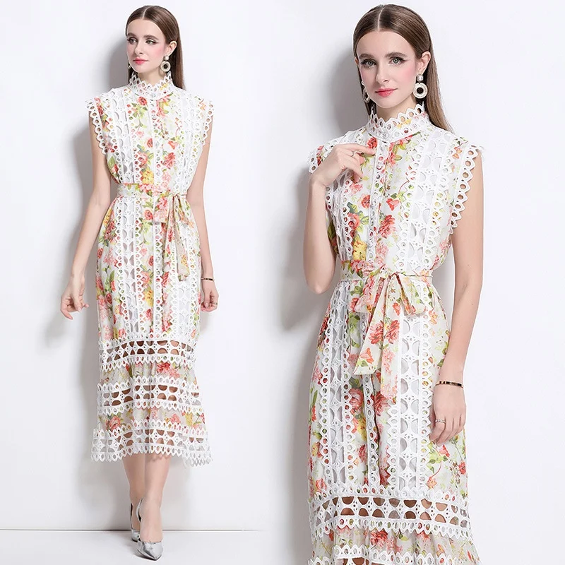 Ele Hollow Out Lace A-lijn Rok Stand Kraag Afslanken Zomer Hof Sle Dames Dr Faionable Chinese Thi Stof