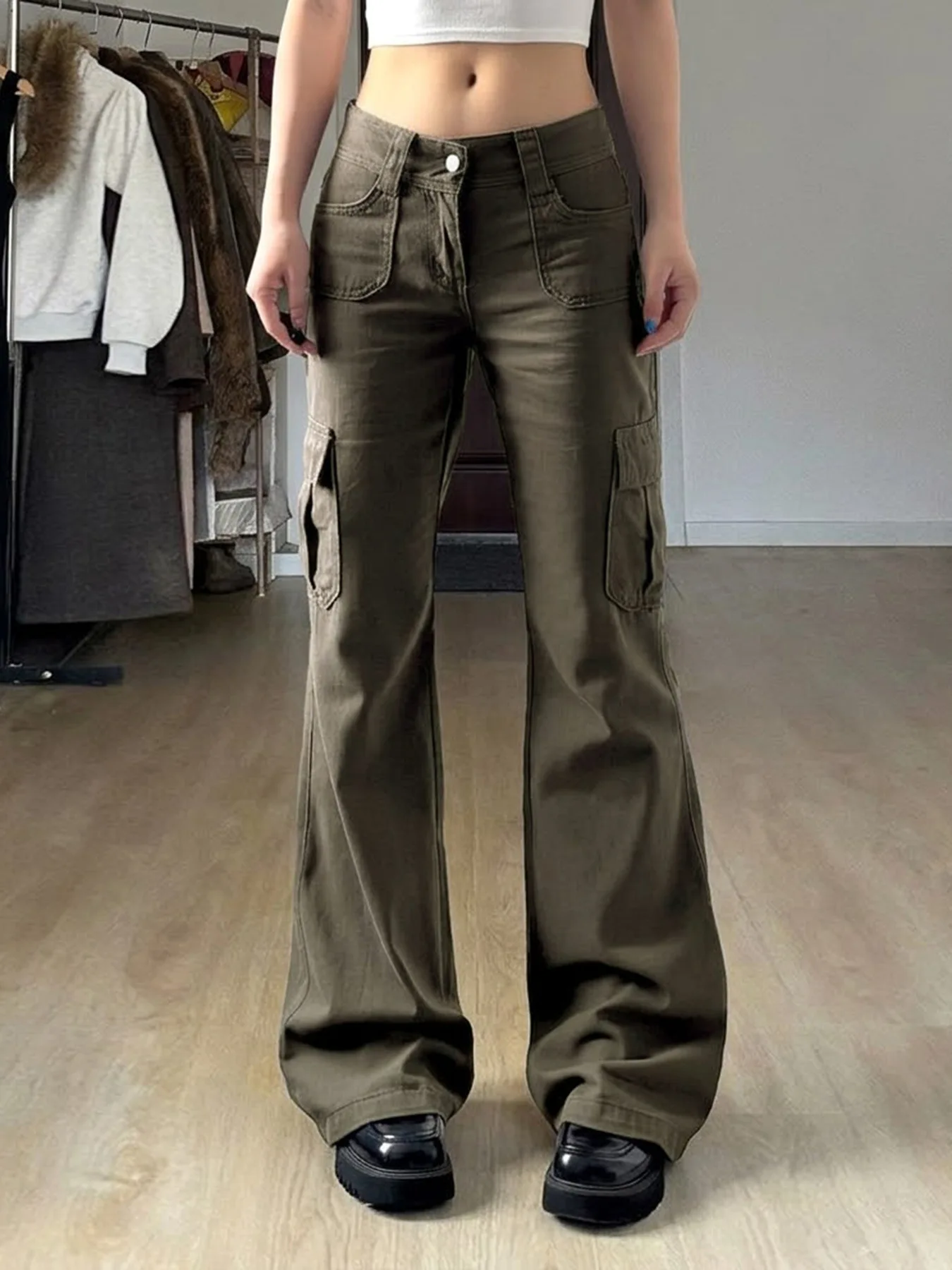 Vintage Low Rise Cargo Flare Pants Multi Pocket Streetwear Trousers