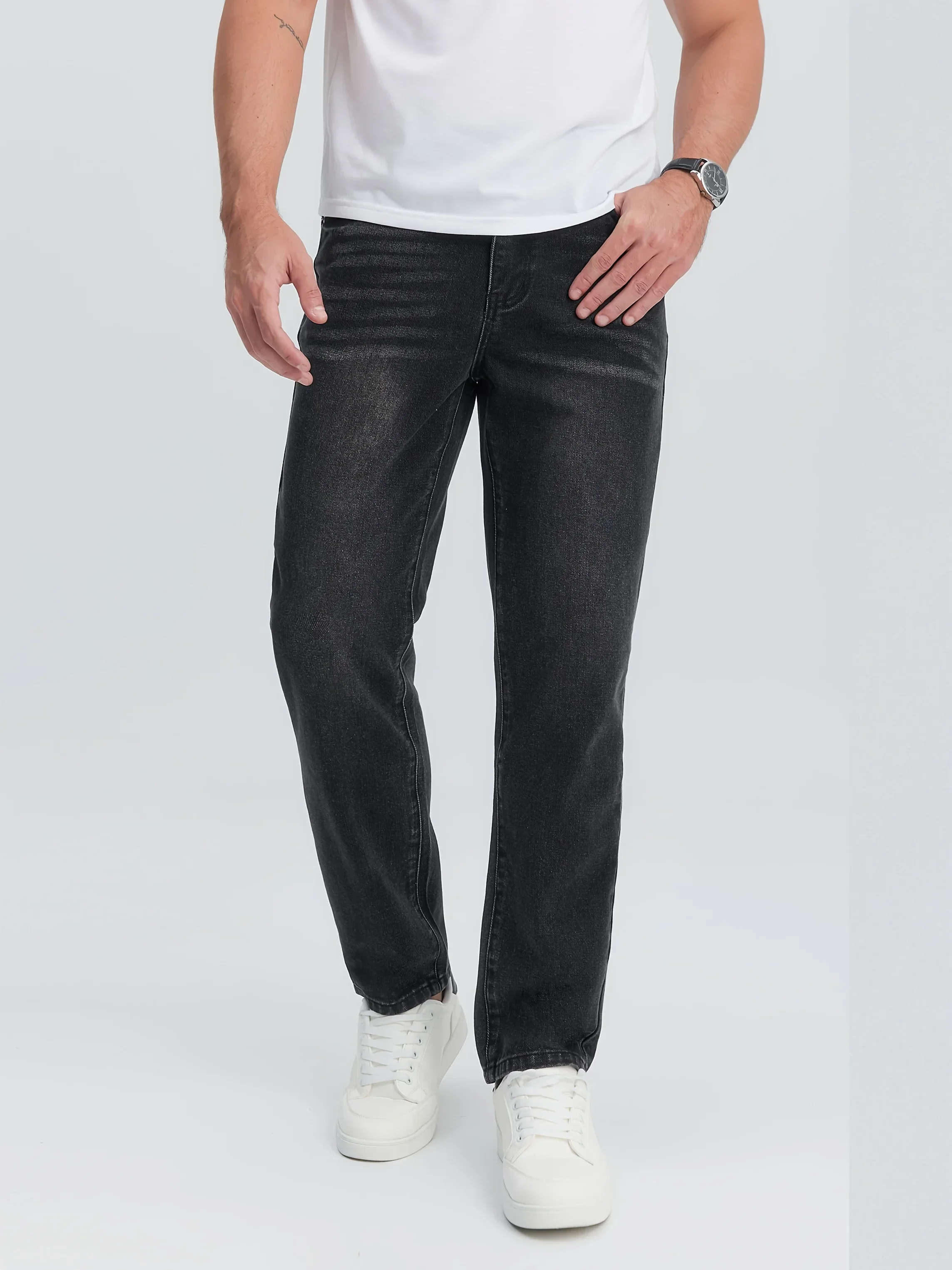 Men's American Black Straight Jeans - Non-stretch denim, machine washable, all-season comfortable fit with pockets