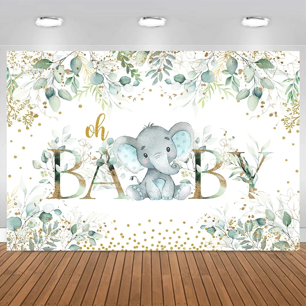 Mocsicka Elephant Oh Baby Theme Party Decoration Girl Boy Green Leaves Golden Dots Birthday Background Children Shower Studio