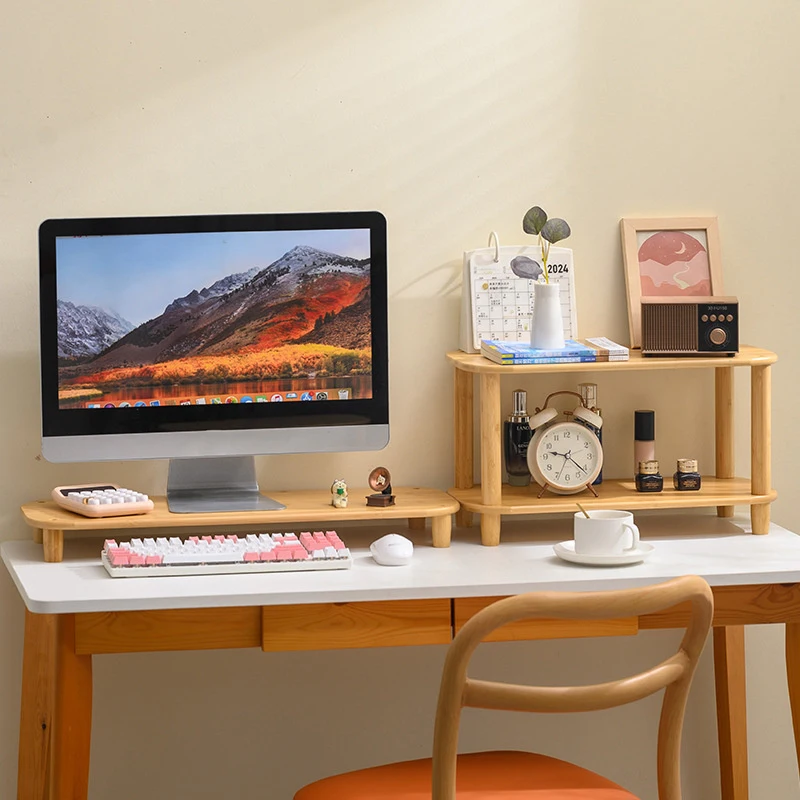 Wooden Computer Monitor Riser Holder PC Screen Stand Bracket Rack Desktop Keyboards Mouse Storage Organizers For Printer Laptop